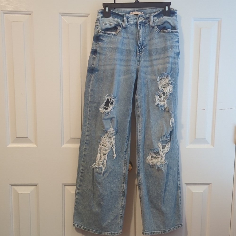 SO Blue Flare Wide Leg Jeans with Distressed Design